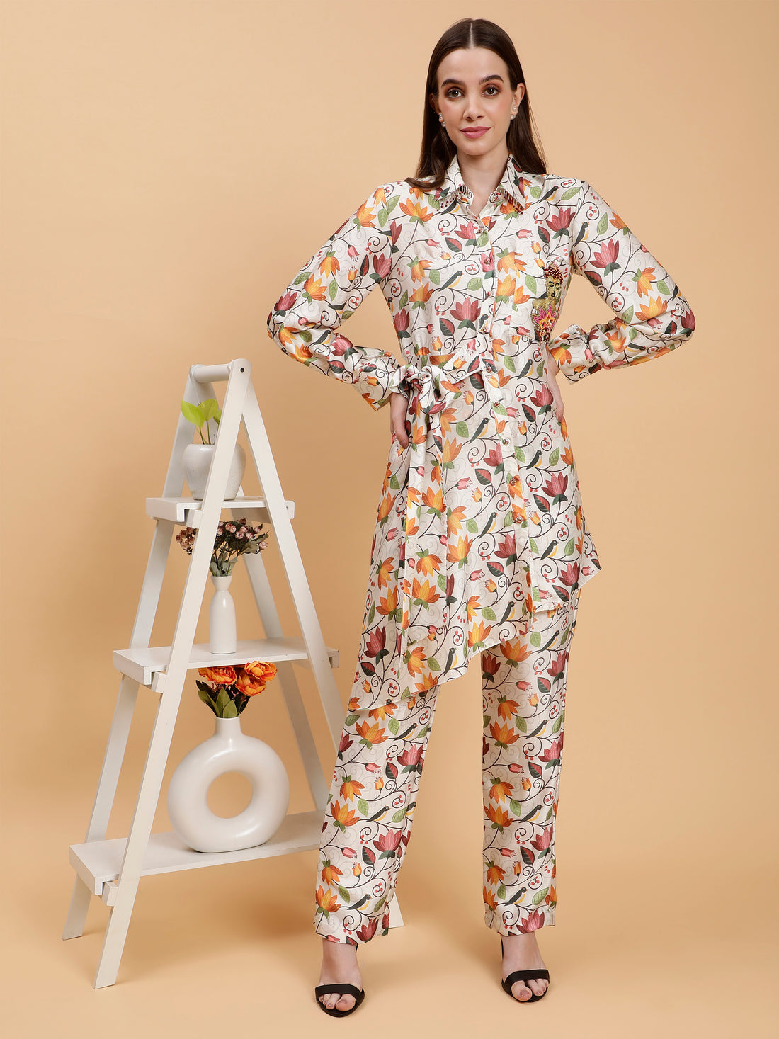 Satin Printed in Adhanya Beige Embroidered Co-ord Set
