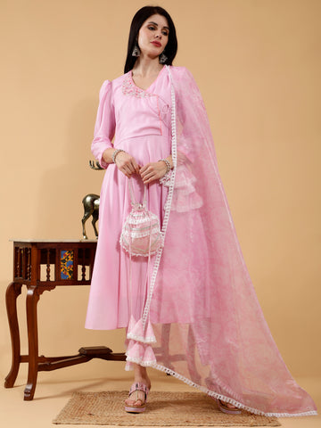 GIANNA PASTEL PINK LINEN HAND EMBROIDERED ANGRAKHA 3 PIECE SUIT SET