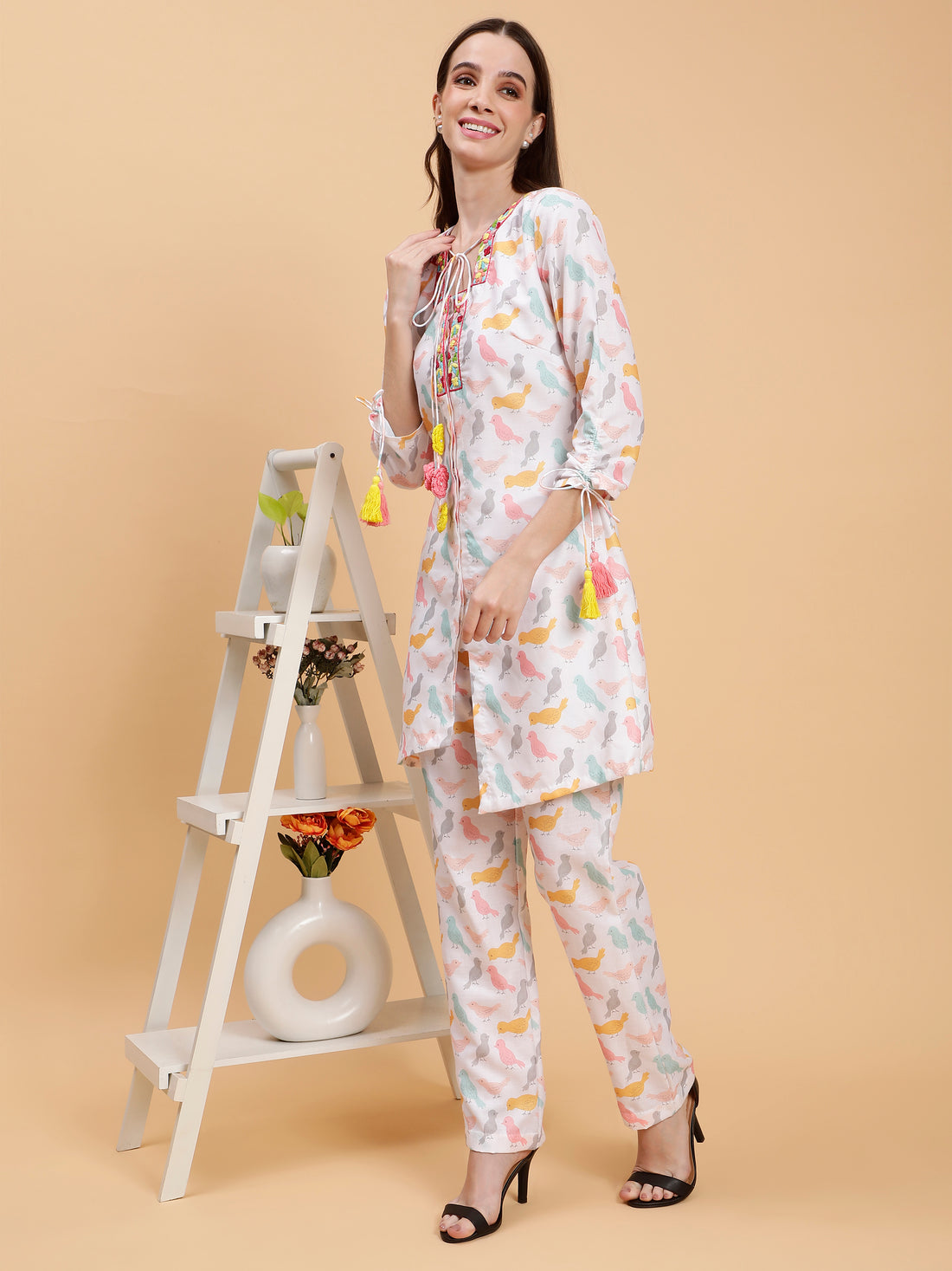 Linen Embroidered Arlet White Bird Co-ord set
