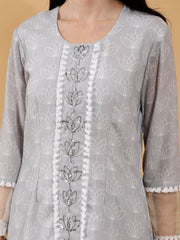 Shyla Light Grey Lotus Print Hand Embroidered 3 Piece Suit Set