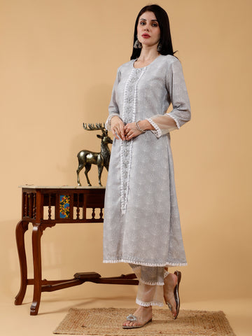 Shyla Light Grey Lotus Print Hand Embroidered 3 Piece Suit Set