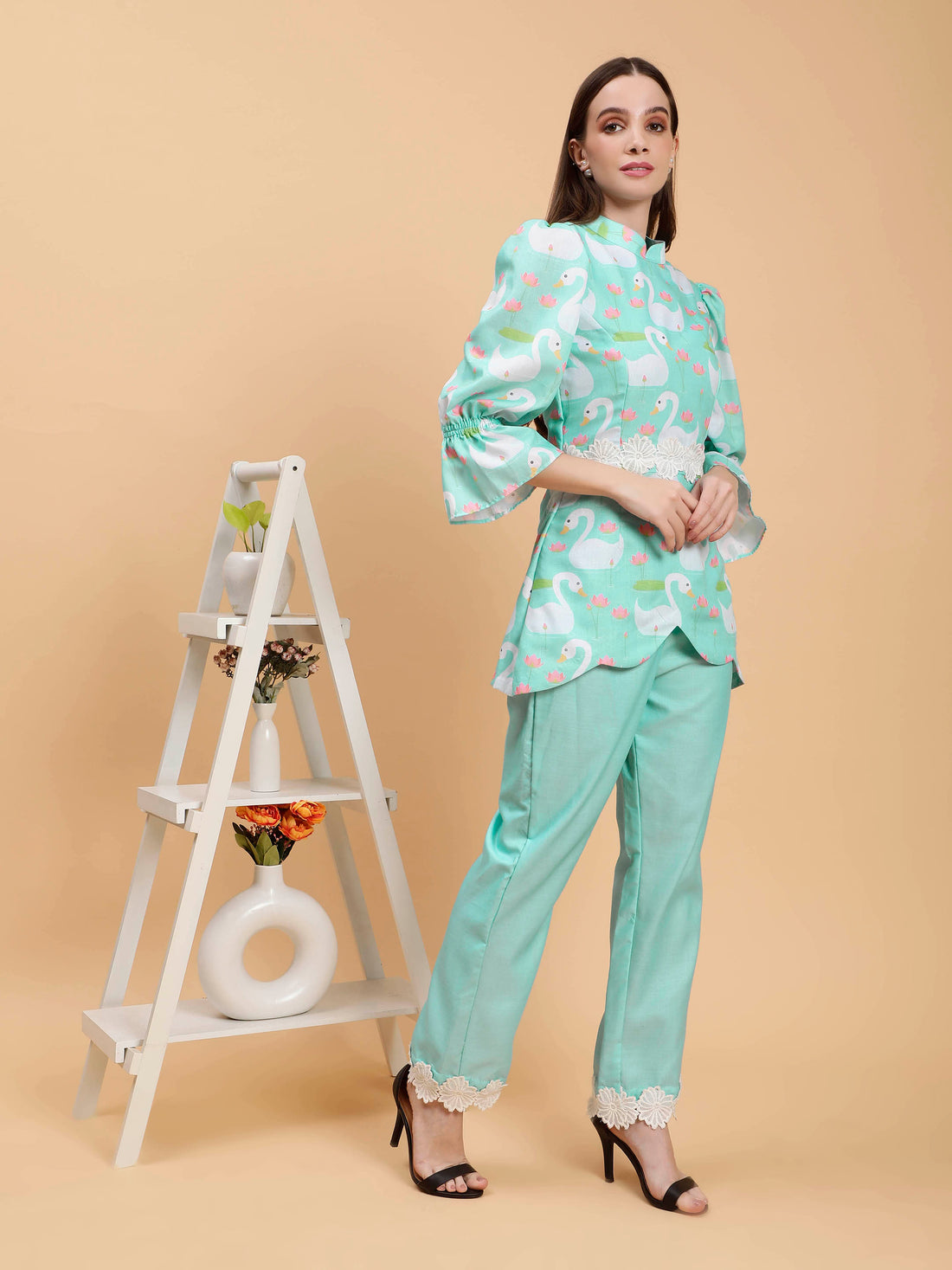 Linen Georgina Green Swan Printed Co-ords Set