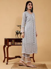 Shyla Light Grey Lotus Print Hand Embroidered 3 Piece Suit Set