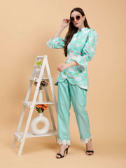 Linen Georgina Sky Blue Swan Printed Co-ords Set