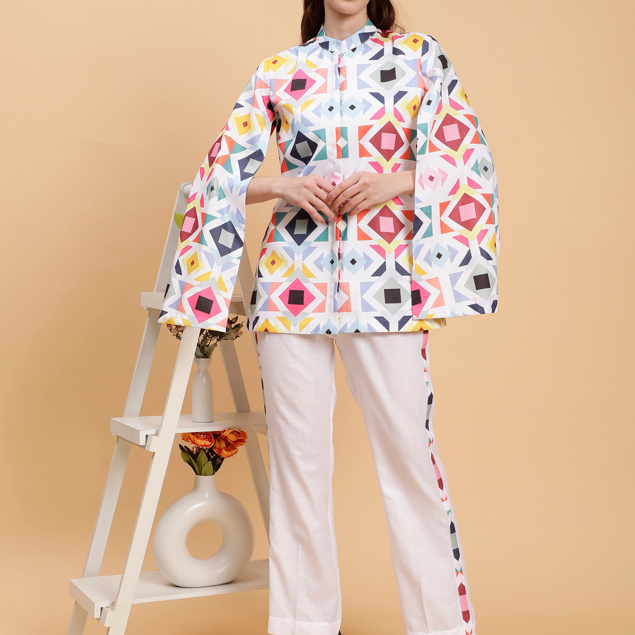 Linen Shukrana  White & Pink  Co-ord Set