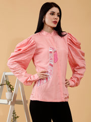 Silk Satin Blush Pink Shirt With Hand Embroidered