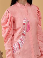 Silk Satin Blush Pink Shirt With Hand Embroidered