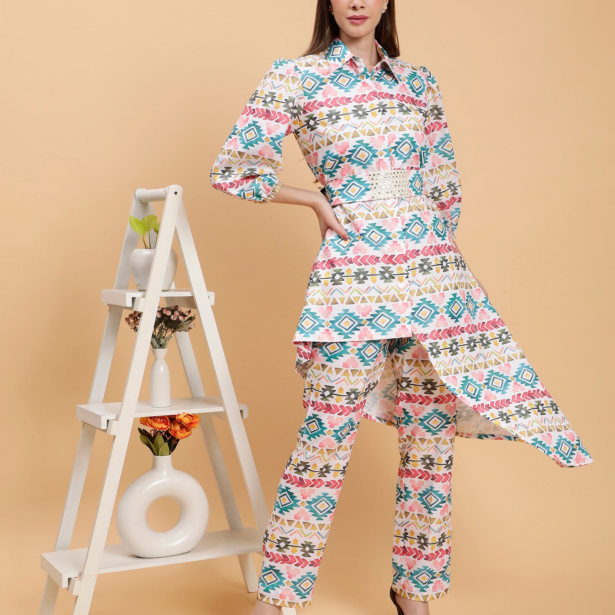 Hridhya White Printed  Linen Co-ords Set With Belt