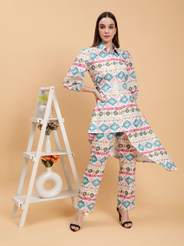 Hridhya White Printed  Linen Co-ords Set With Belt
