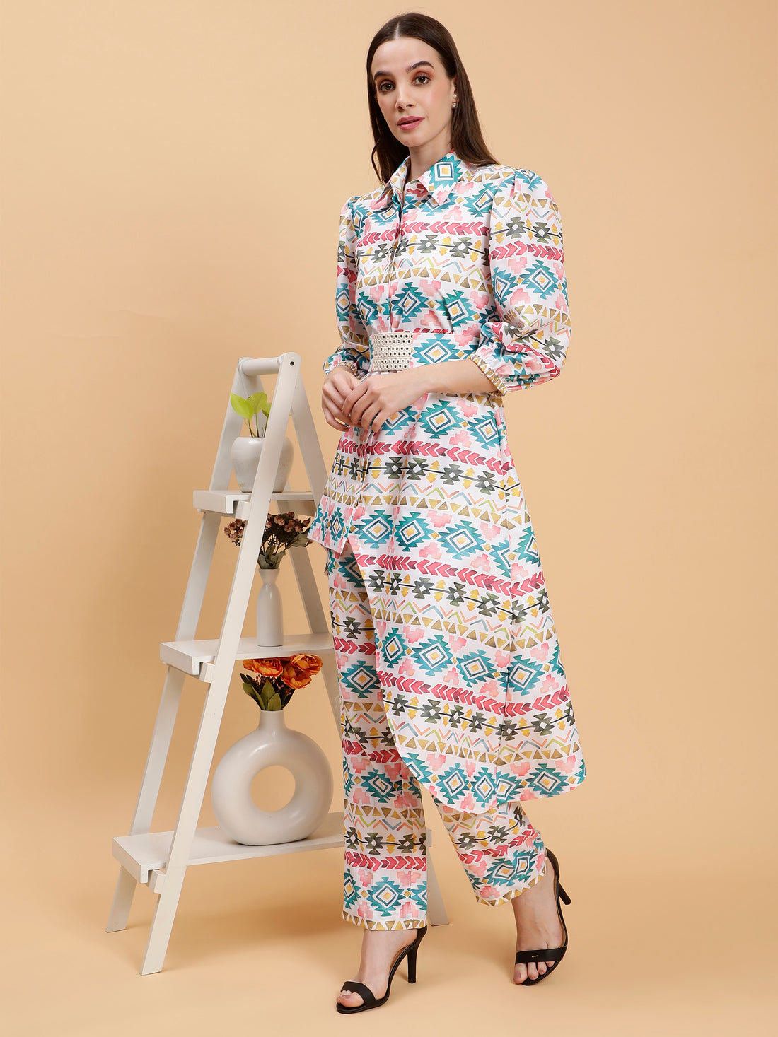 Hridhya White Printed  Linen Co-ords Set With Belt