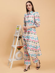 Linen Hridhya White Printed Co-ords Set With Belt