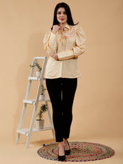 Silk Satin Beige Hand Embroidered Shirt