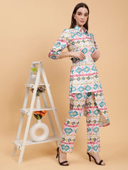 Linen Hridhya White Printed Co-ords Set With Belt