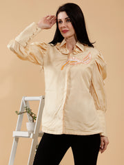 Silk Satin Beige Hand Embroidered Shirt