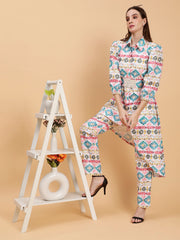 Linen Hridhya White Printed Co-ords Set With Belt