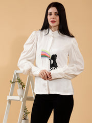 WHITE RAINBOW HAND EMBROIDERED SHIRT