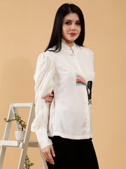 WHITE RAINBOW HAND EMBROIDERED SHIRT