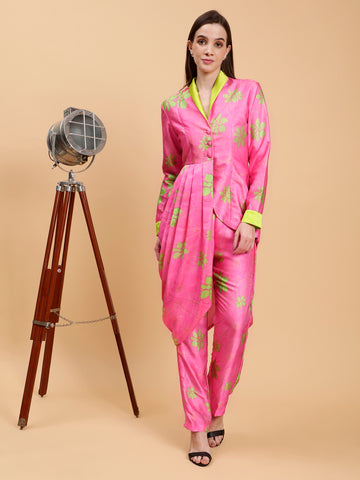 Satin Animisha Brigth Pink Cowl Style Printed  Co-ord Set