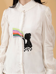 WHITE RAINBOW HAND EMBROIDERED SHIRT