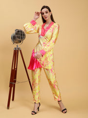 Satin Printed in Achyuta Yellow Embroidered  Co-ord Set