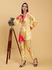 Satin Printed in Achyuta Yellow Embroidered  Co-ord Set