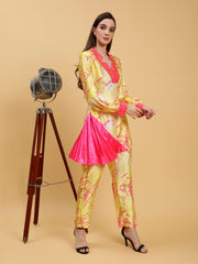 Satin Printed in Achyuta Yellow Embroidered  Co-ord Set