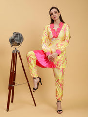 Satin Printed in Achyuta Yellow Embroidered  Co-ord Set