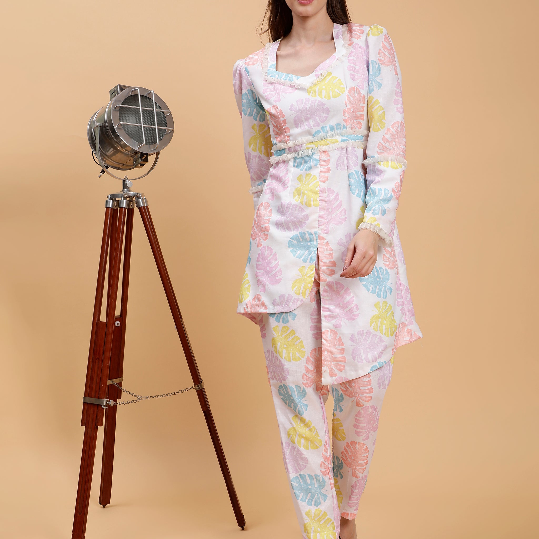 Linen Co-ord Set - Adhiti White Palm Print