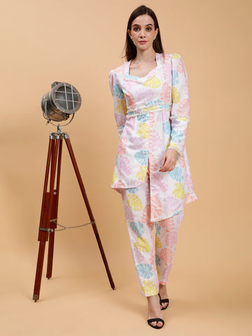 Linen Co-ord Set - Adhiti White Palm Print