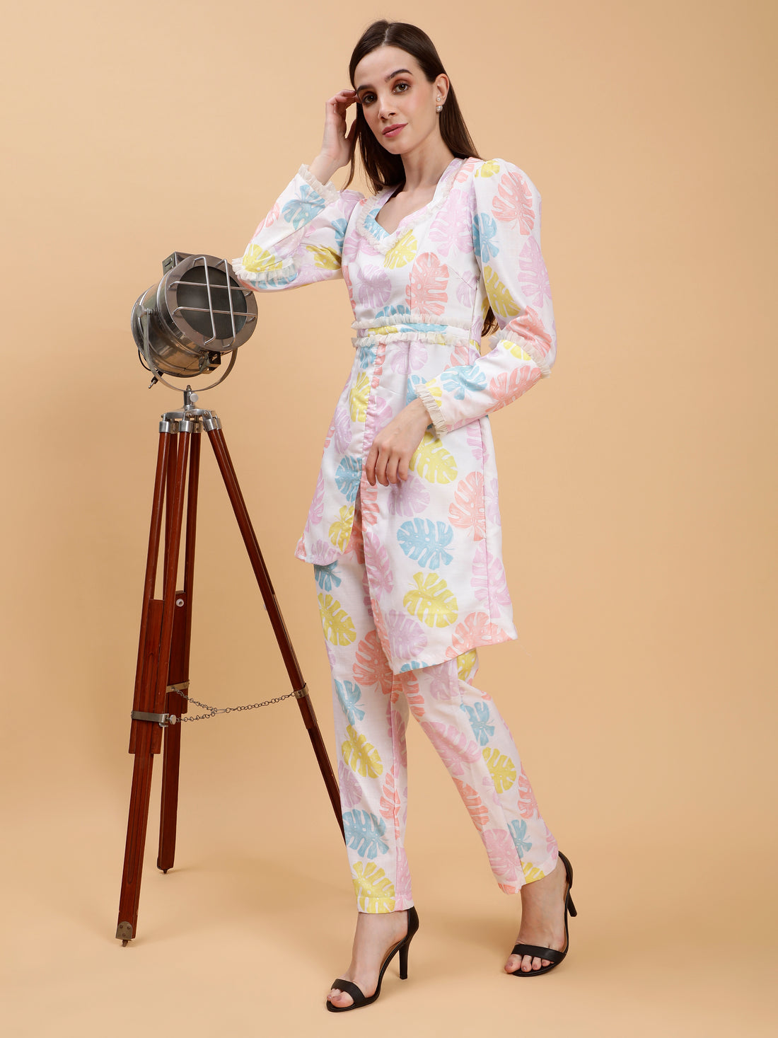 Linen Co-ord Set - Adhiti White Palm Print