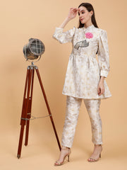 Satin Printed Honey Ivory White Embroidered  Co-ord Set