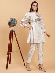 Satin Printed Honey Ivory White Embroidered  Co-ord Set