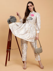 Satin Printed Honey Ivory White Embroidered  Co-ord Set