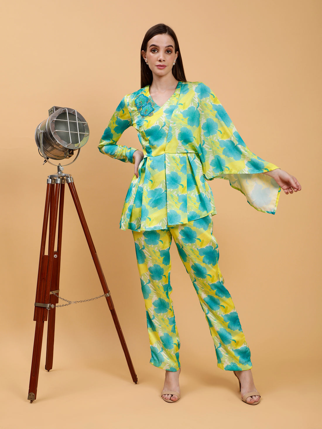 Parinaaz Teal Blue & Yellow Embellished  Satin Co-ord Set