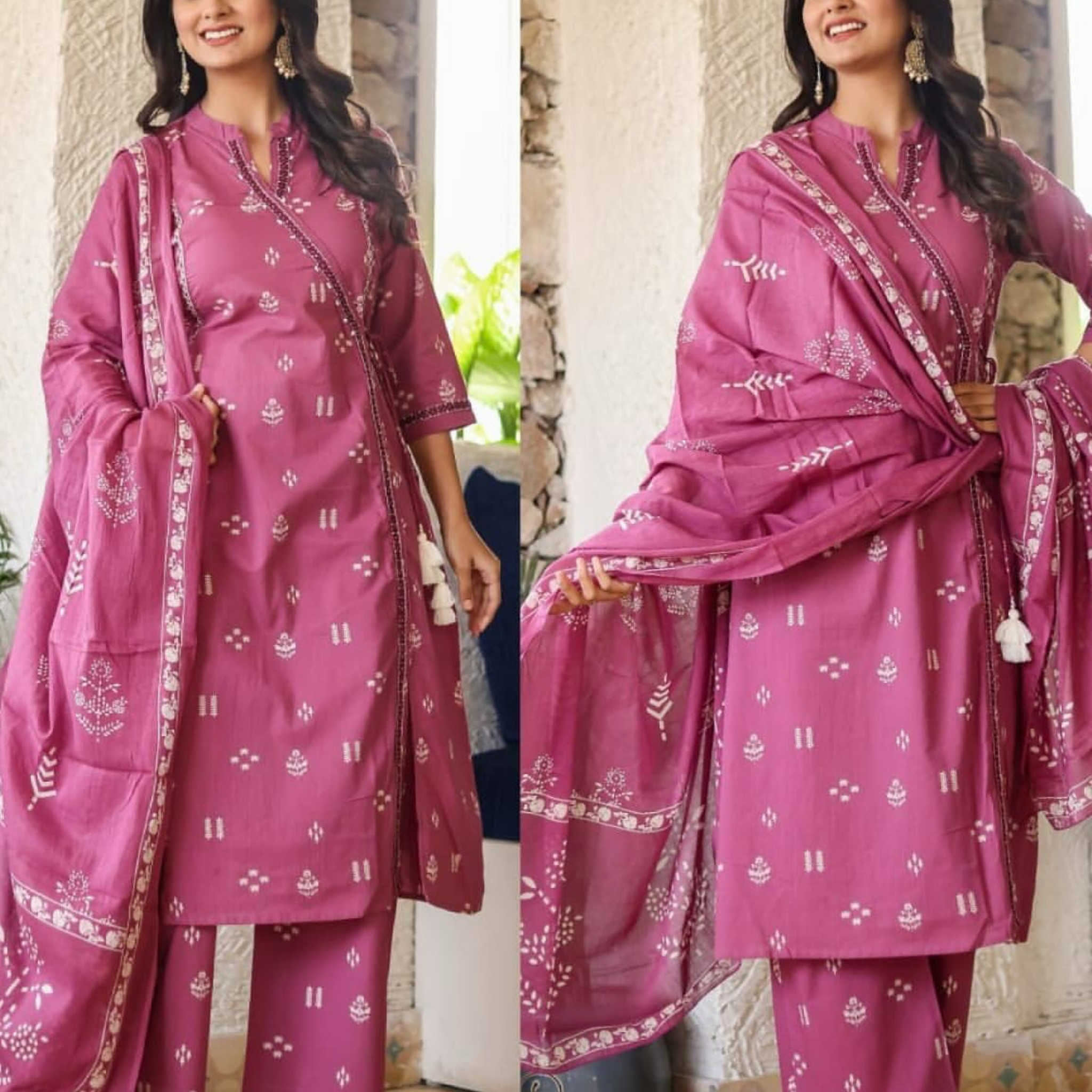 Nisha Angrakha Cotton 3PC Suit Set- Pink
