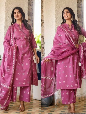 Nisha Angrakha Cotton 3PC Suit Set- Pink