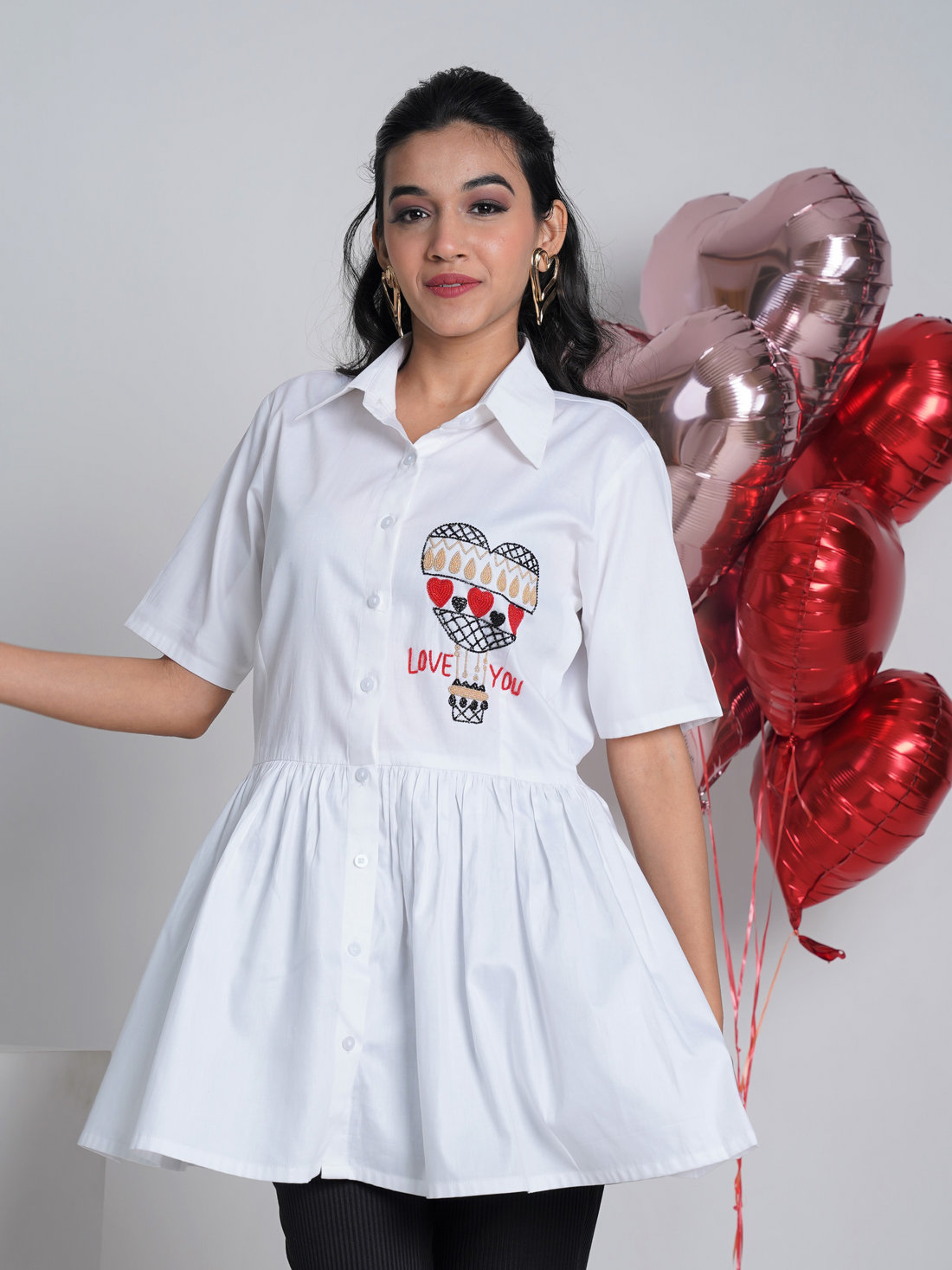 Hot Air Ballon Embroidered White  Pure Cotton peplum style Shirt