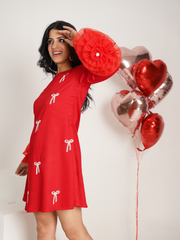 Knotty Affaire Red  Embroidered Pure Cotton A- shape dress