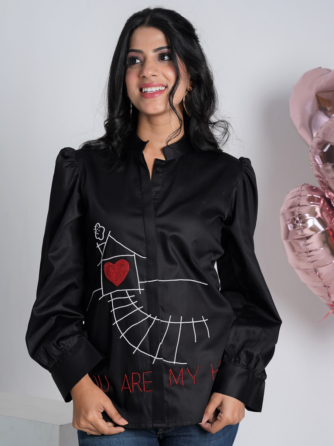 Black Hand Embroidered Pure Cotton Shirt