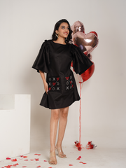 Criss Cross Black Hand Embroidered Pure Cotton A- shape dress