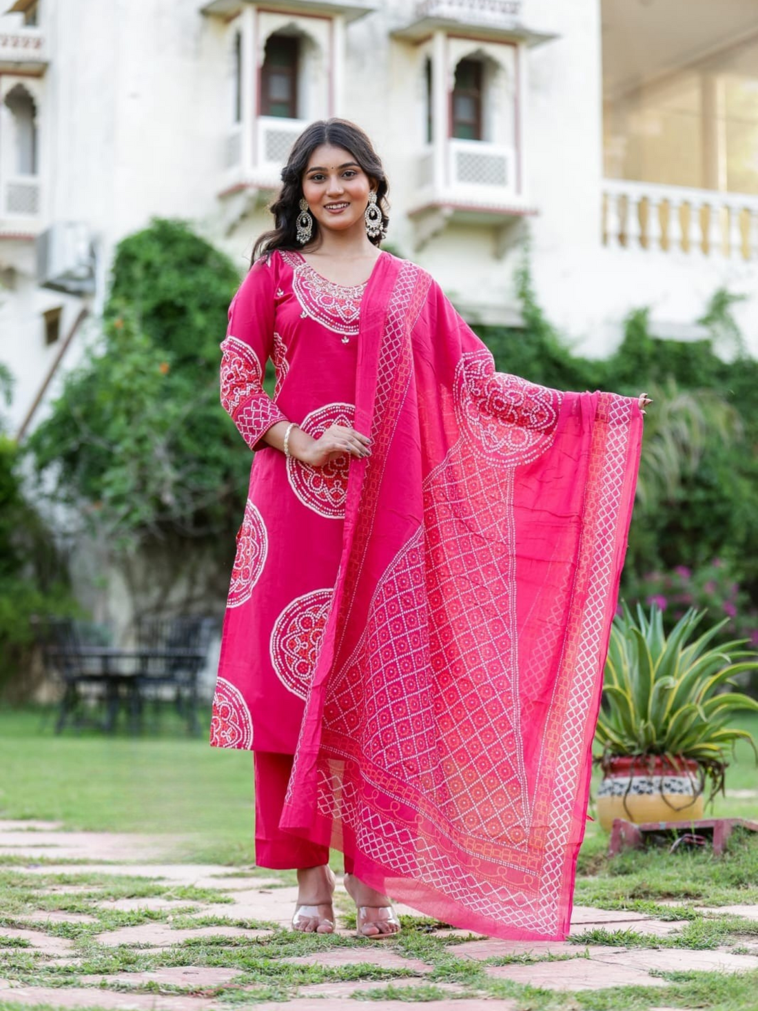 Premium Pure Cotton Bandhani Suits- Pink