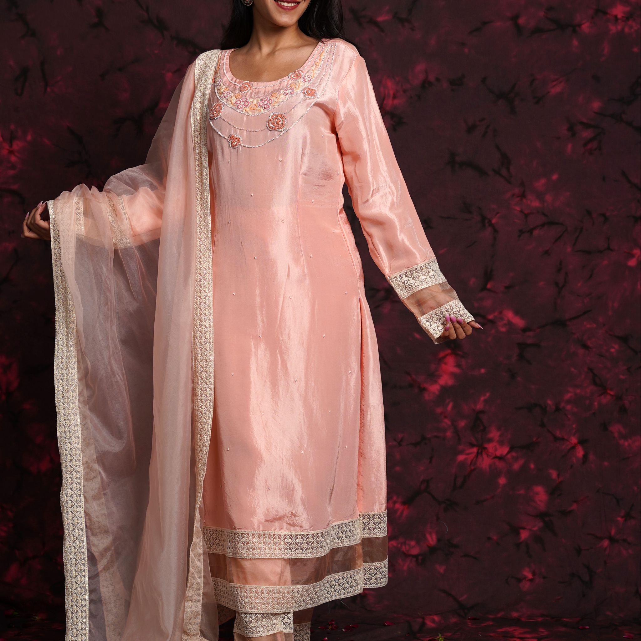 Peachy vibes Hand Embroidered Silk Suit
