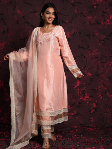 Peachy vibes Hand Embroidered Silk Suit