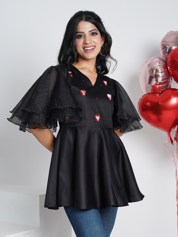 Love Blossom Black  Pure Cotton Peplum Top