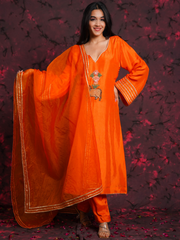 Pichwai Art Orange Silk Hand Embroidered Suit Set