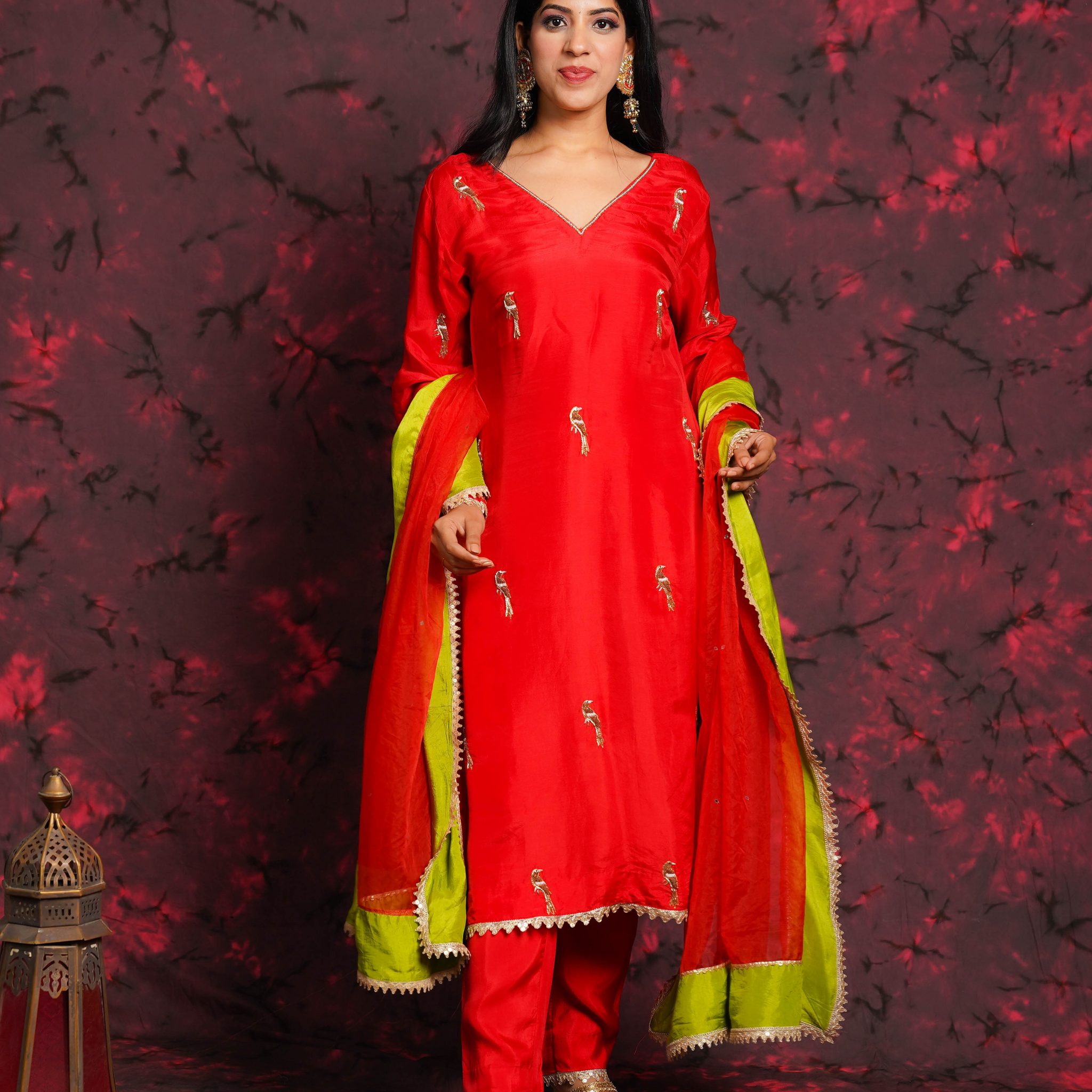 Panchi Red Silk Hand Embroidered Suit Set