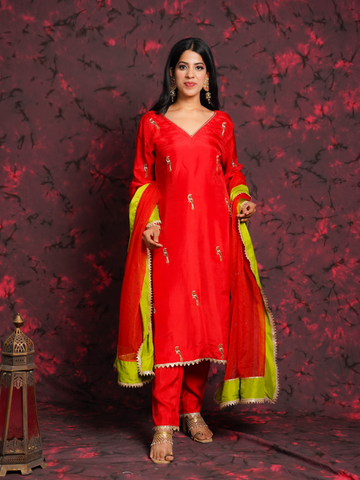 Panchi Red Silk Hand Embroidered Suit Set