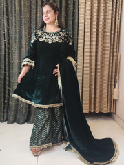 Bottle Green A Line Hand Embroidered Velvet Suit With Sharara