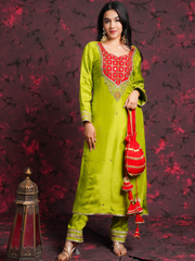 Sheeshphool Mehendi Green Silk Hand Embroidered Suit Set