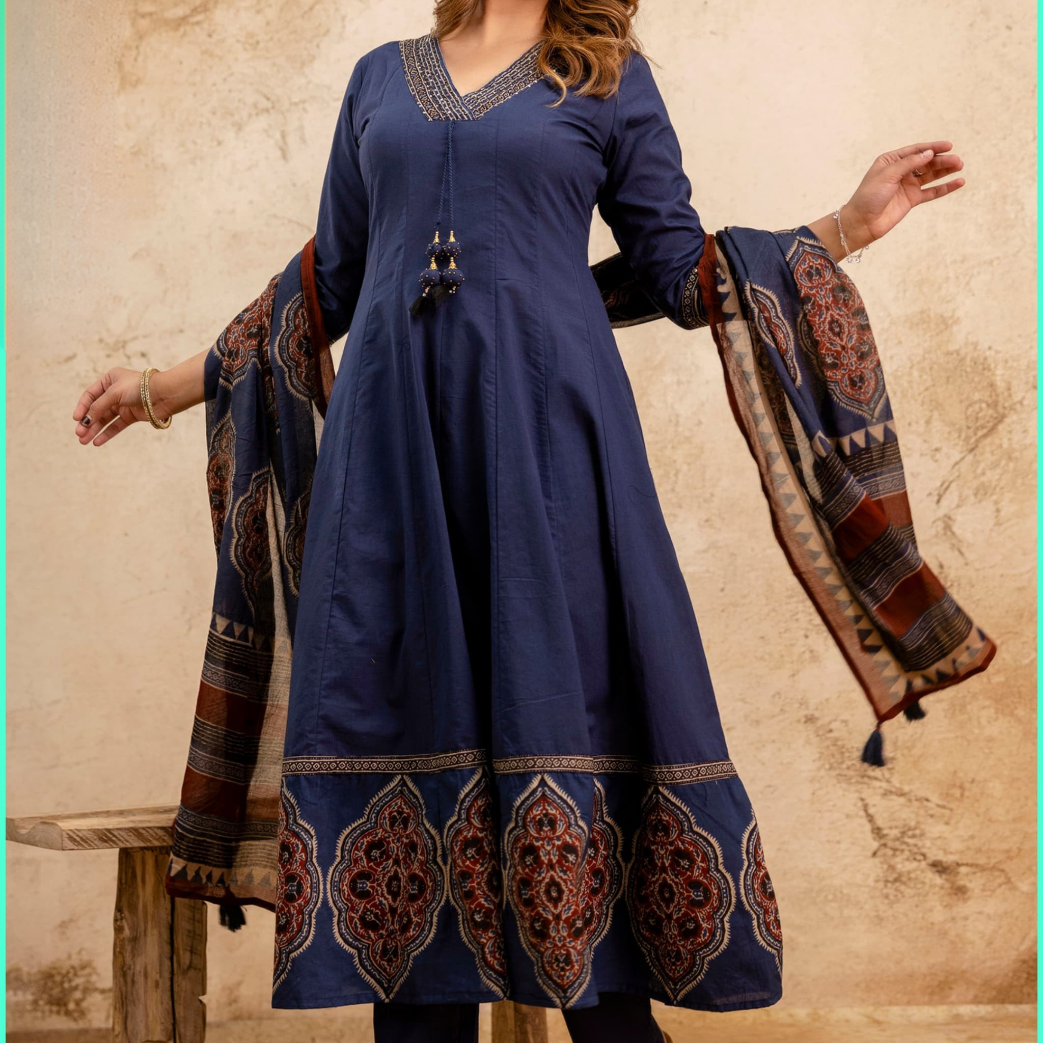 Premium Cotton Blue Kurta Set with Ajrakh Print